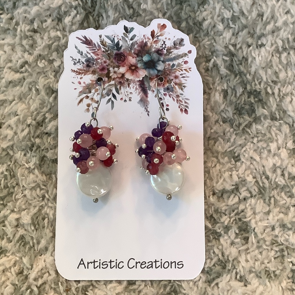 Semi precious Stone charm Cluster Drop Pierced Earrings NWT HC